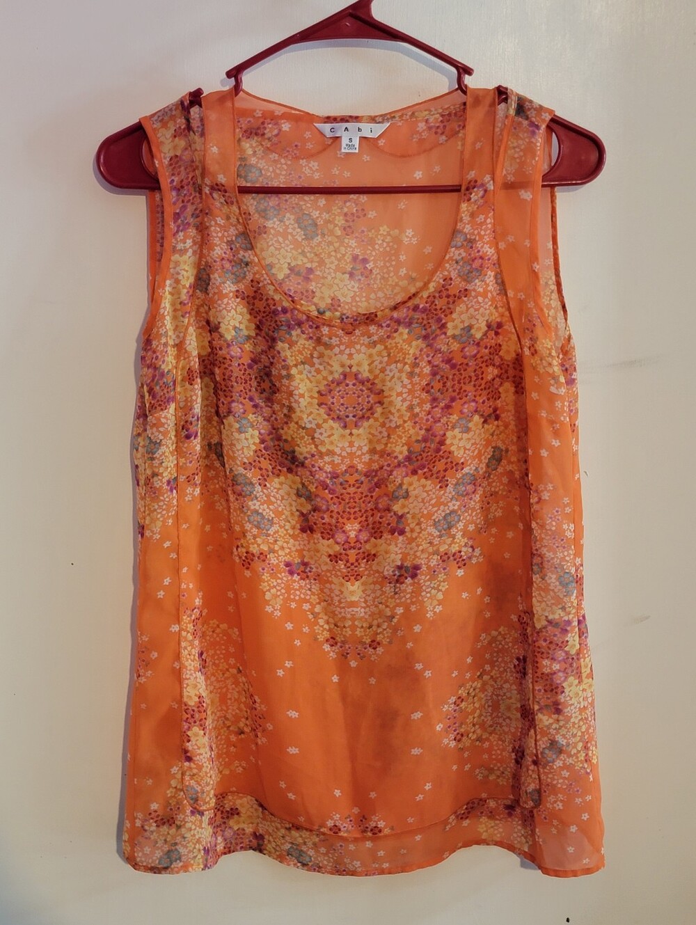 CAbi Orange Floral Sheer Scoop Neck Tank